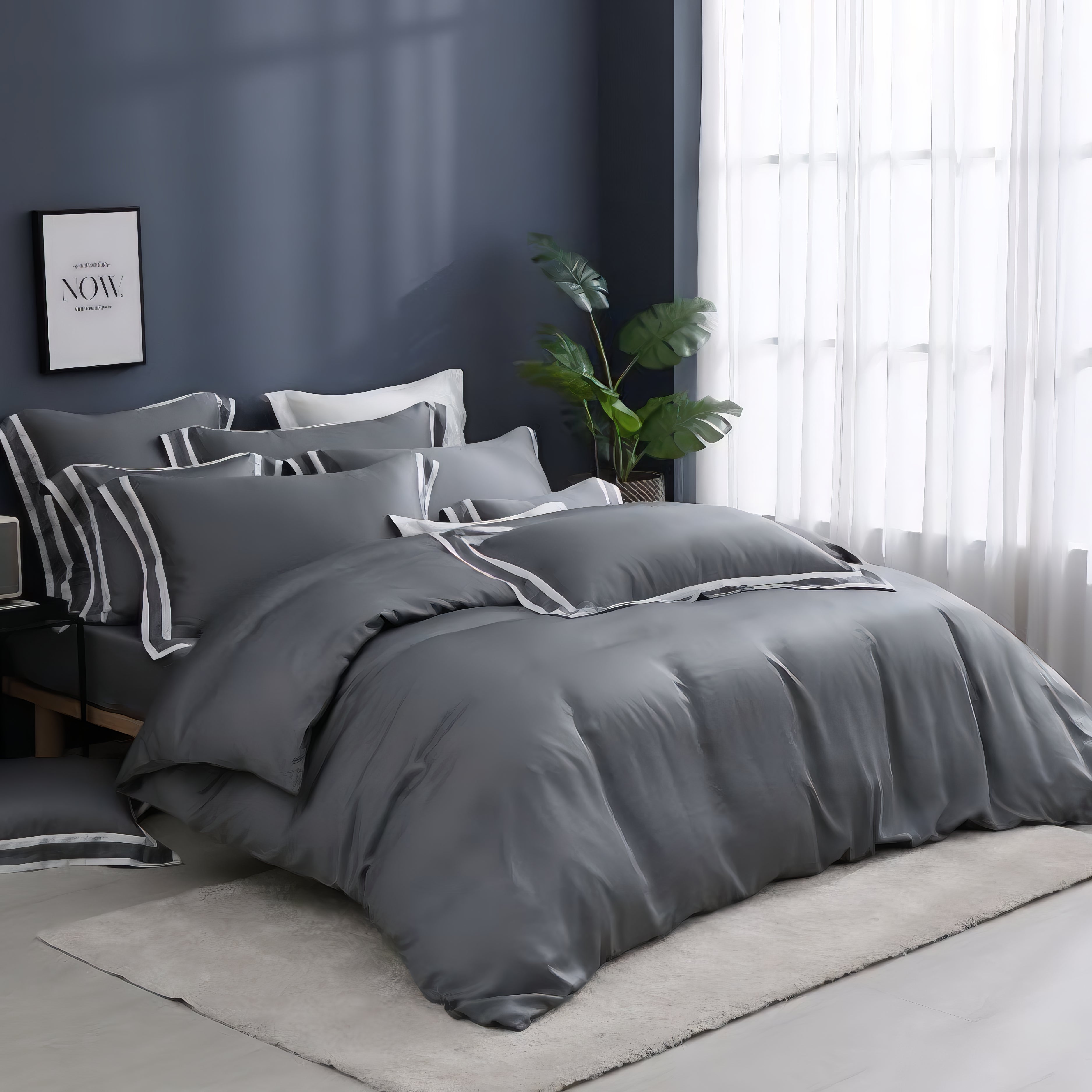 Dark Gray - Pillowcase Border Design | 80 Tencel Bedding Set