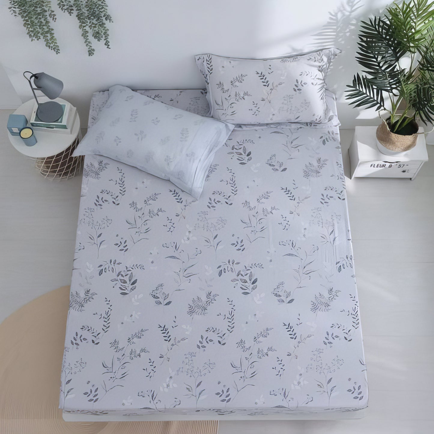 光と影が揺れる葉の灰景｜60支テンセル寝具セット